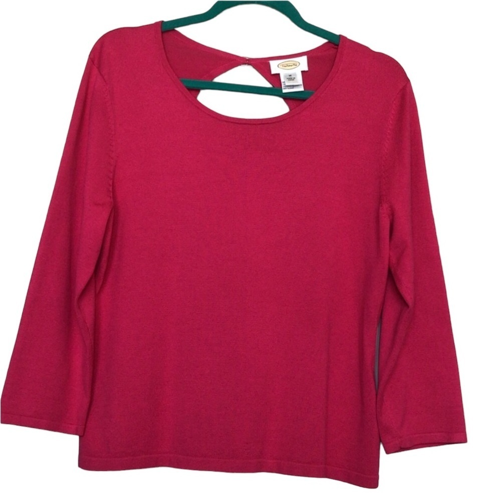 Talbots fuschia pink sweater back opening with rhinestone 3/4 sleeve M  …‎
